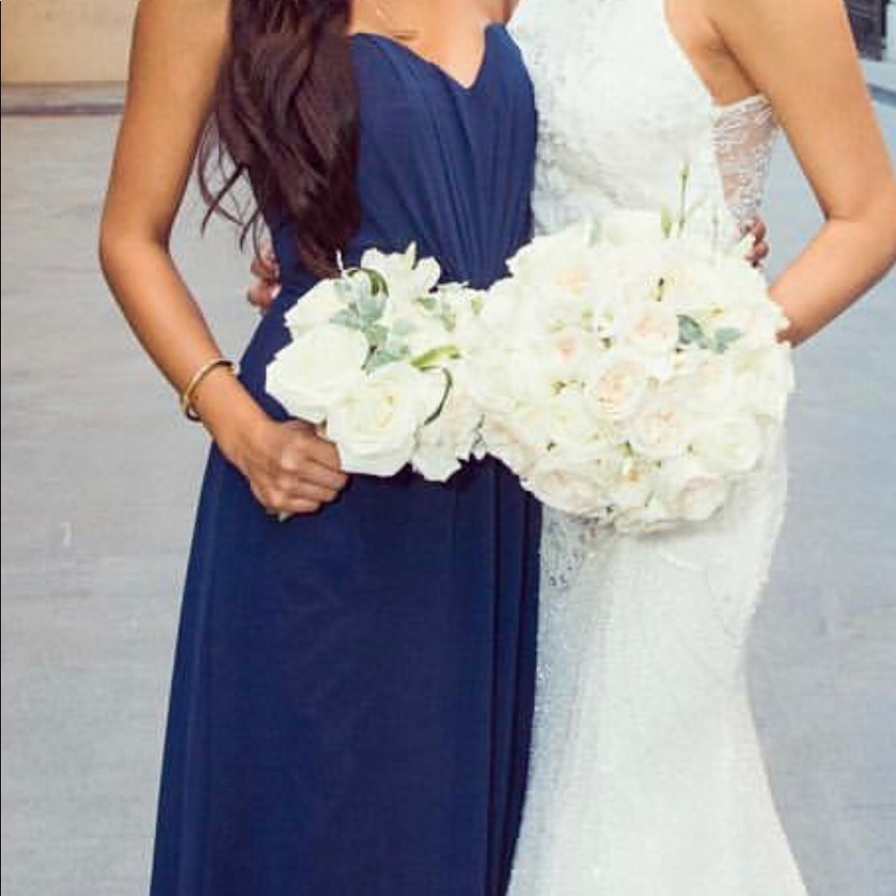 Hayley Paige navy strapless bridesmaid dress